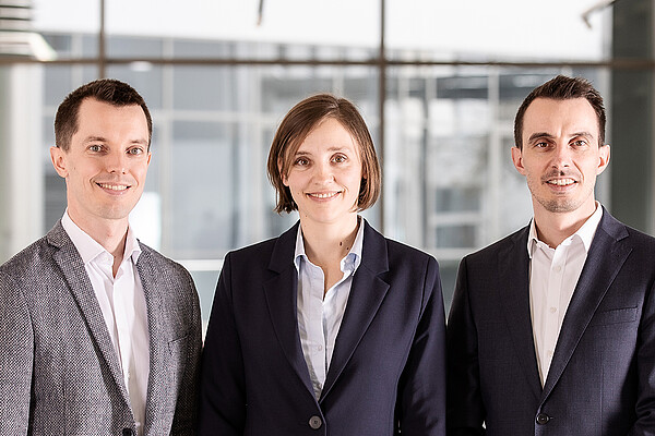 Dominik Santner, Katharina Christopoulos, and Jakob Santner from the Anton Paar GmbH management team in business attire at company headquarters.